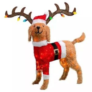 32” Tinsel Dog Goldendoodle w/ Antlers Light Up Yard Art Fuzzy Christmas Decor